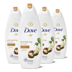 Dove Purely Pampering Shea Butter Vanilla bottle illustrating nourishing formula for dry skin.