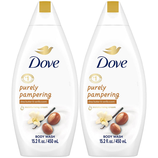 Dove Purely Pampering bottle in shower delivering hydrating cleanse with warm vanilla scent