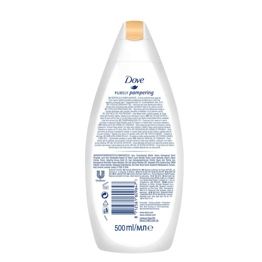 Dove Purely Pampering bottle highlights creamy lather with warm vanilla fragrance.