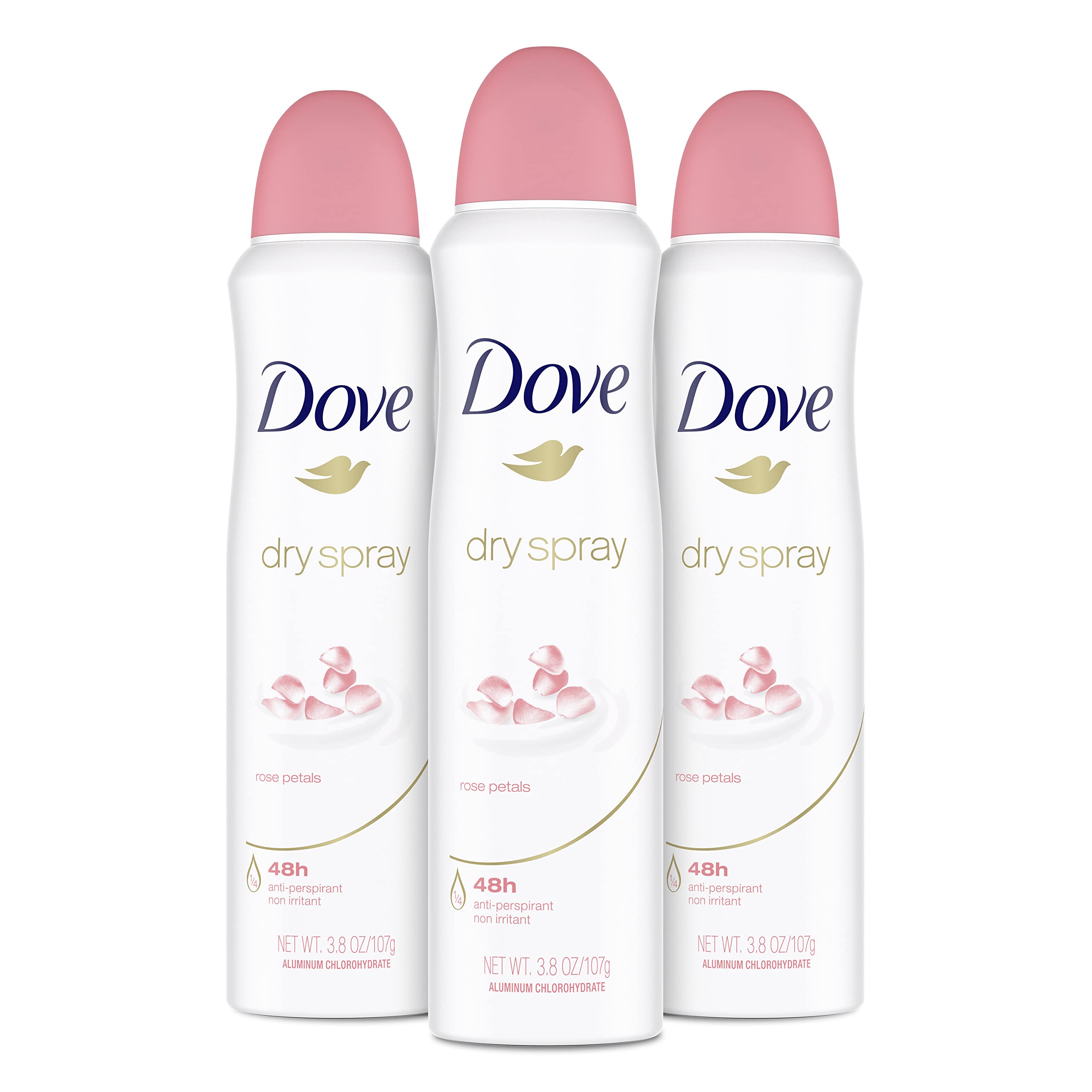 Dove Rose Petals dry spray bottle shown for fast, dry protection all day.