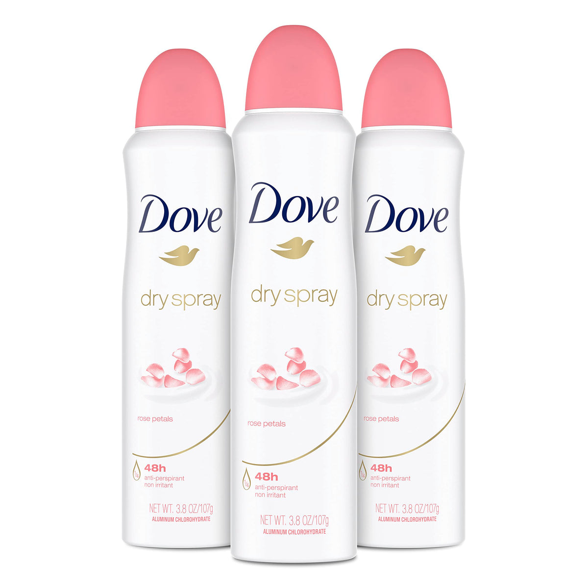 Dove Rose Petals dry spray bottle shown for fast, dry protection all day.