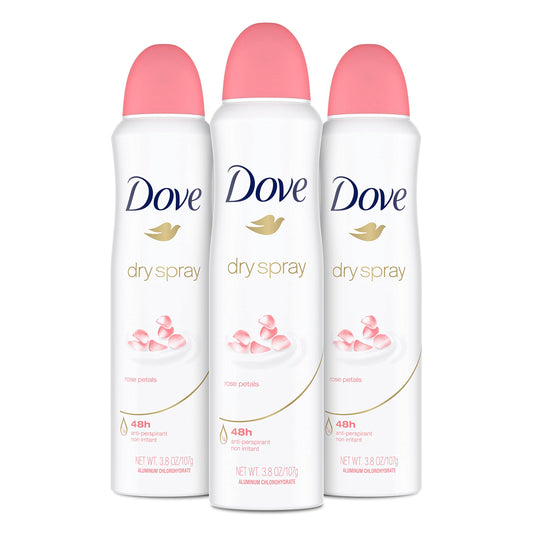 Dove Rose Petals dry spray bottle shown for fast, dry protection all day.