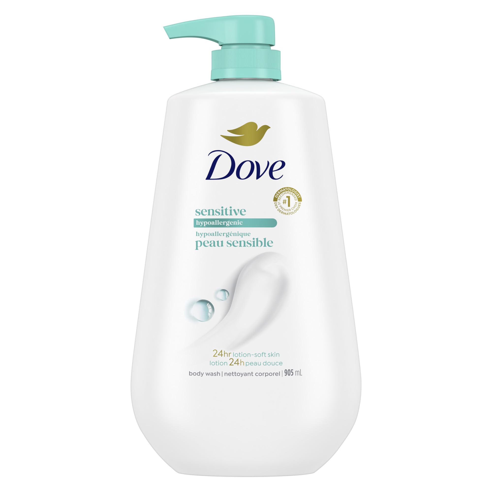 Dove Sensitive Skin Body Wash bottle showing fragrance-free, hypoallergenic cleansing for sensitive skin.