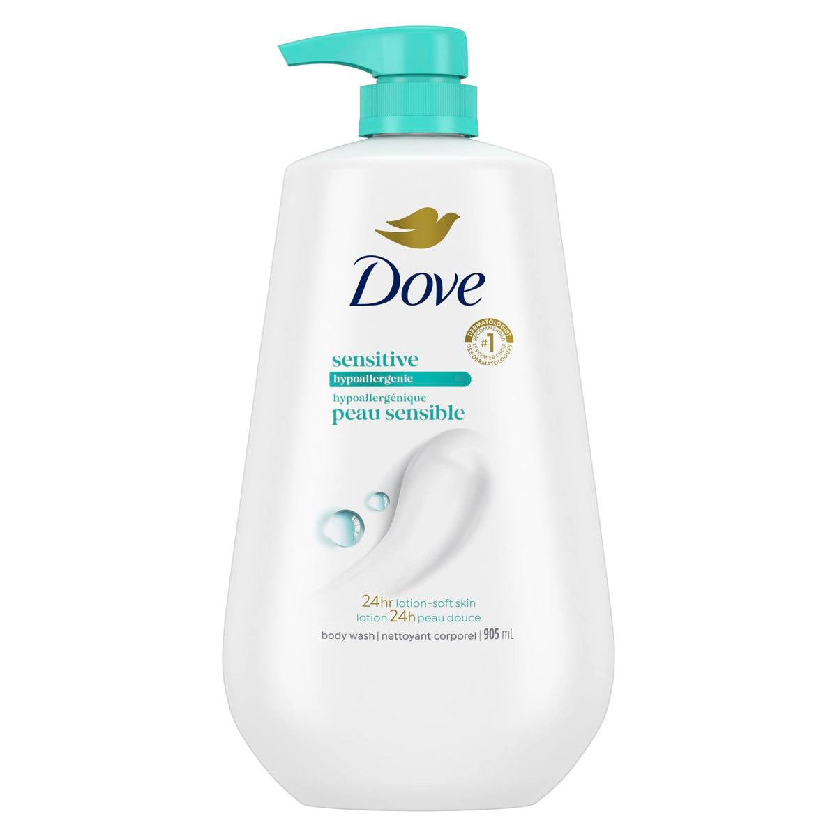 Dove Sensitive Skin Body Wash bottle showing fragrance-free, hypoallergenic cleansing for sensitive skin.