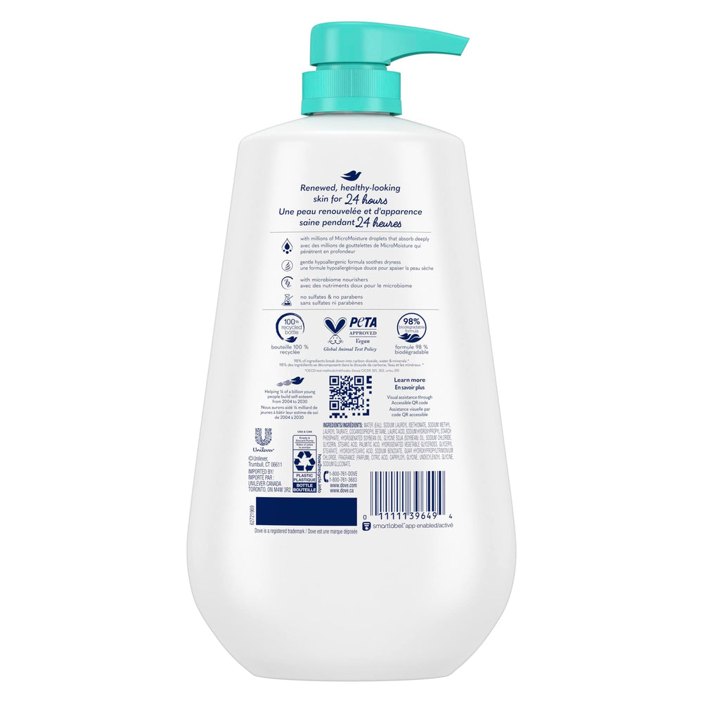 Dove Sensitive Skin Body Wash pour demonstrates easy distribution for quick cleansing.