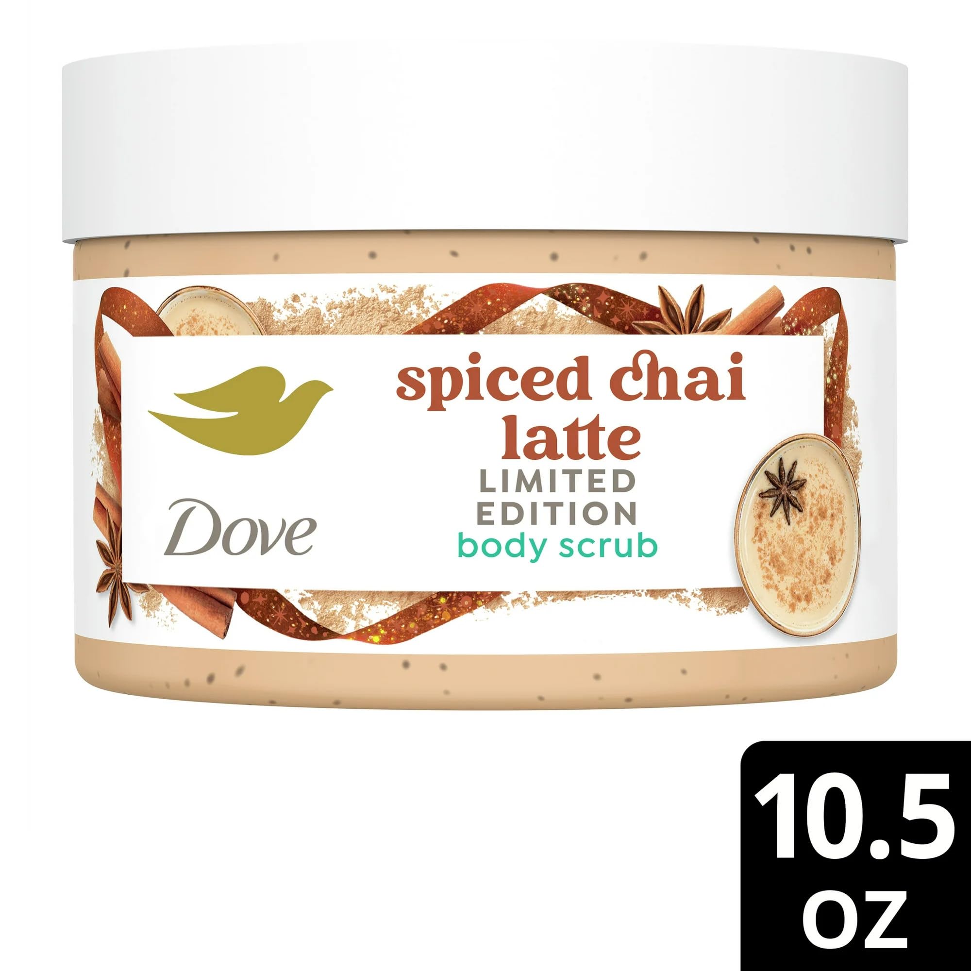 Nourishing ¼ moisturizing cream visible in Dove Spiced Chai Latte scrub.