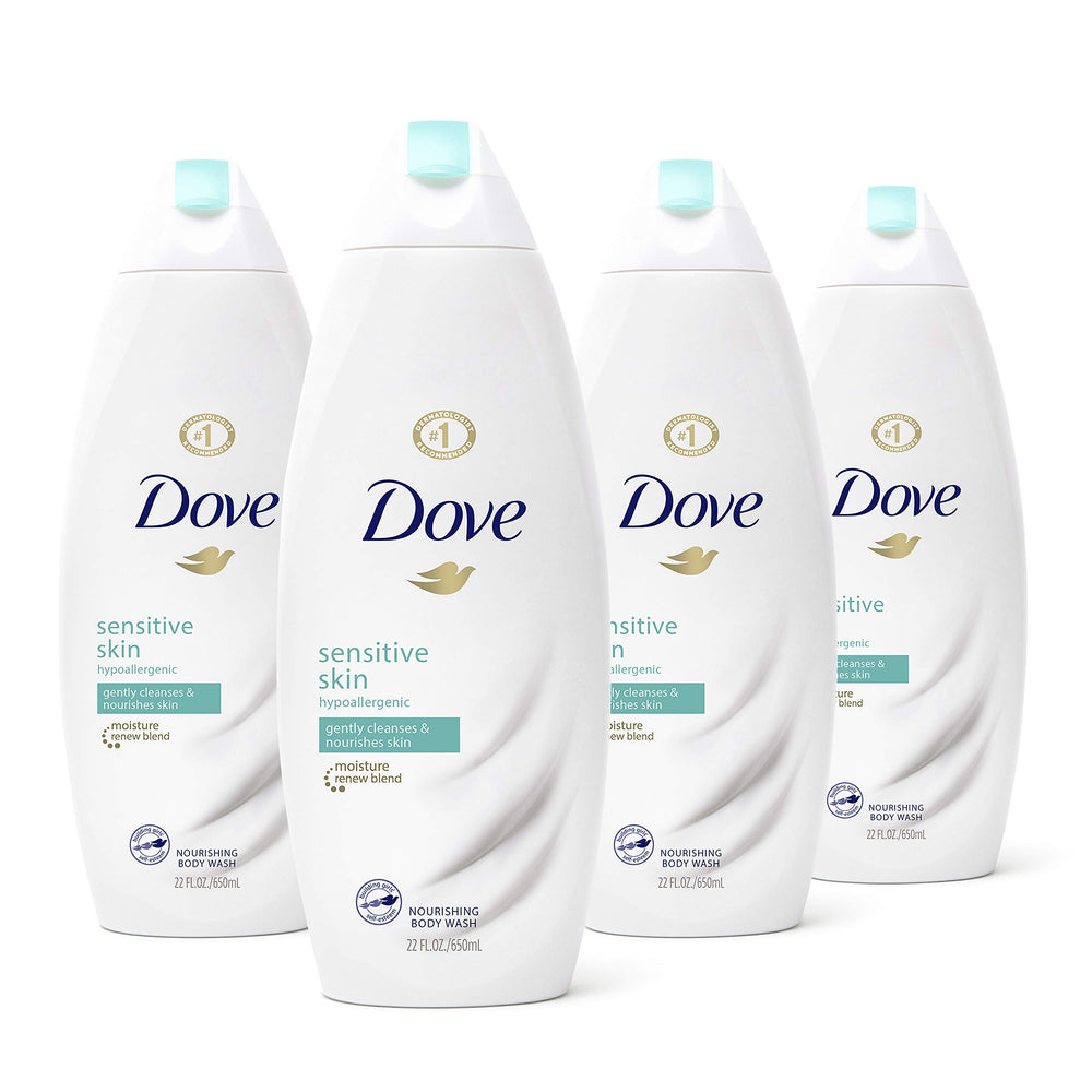 Dove sulfate-free sensitive-skin body wash bottle highlights gentle cleansing for sensitive skin.