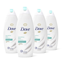 Dove sulfate-free sensitive-skin body wash bottle highlights gentle cleansing for sensitive skin.