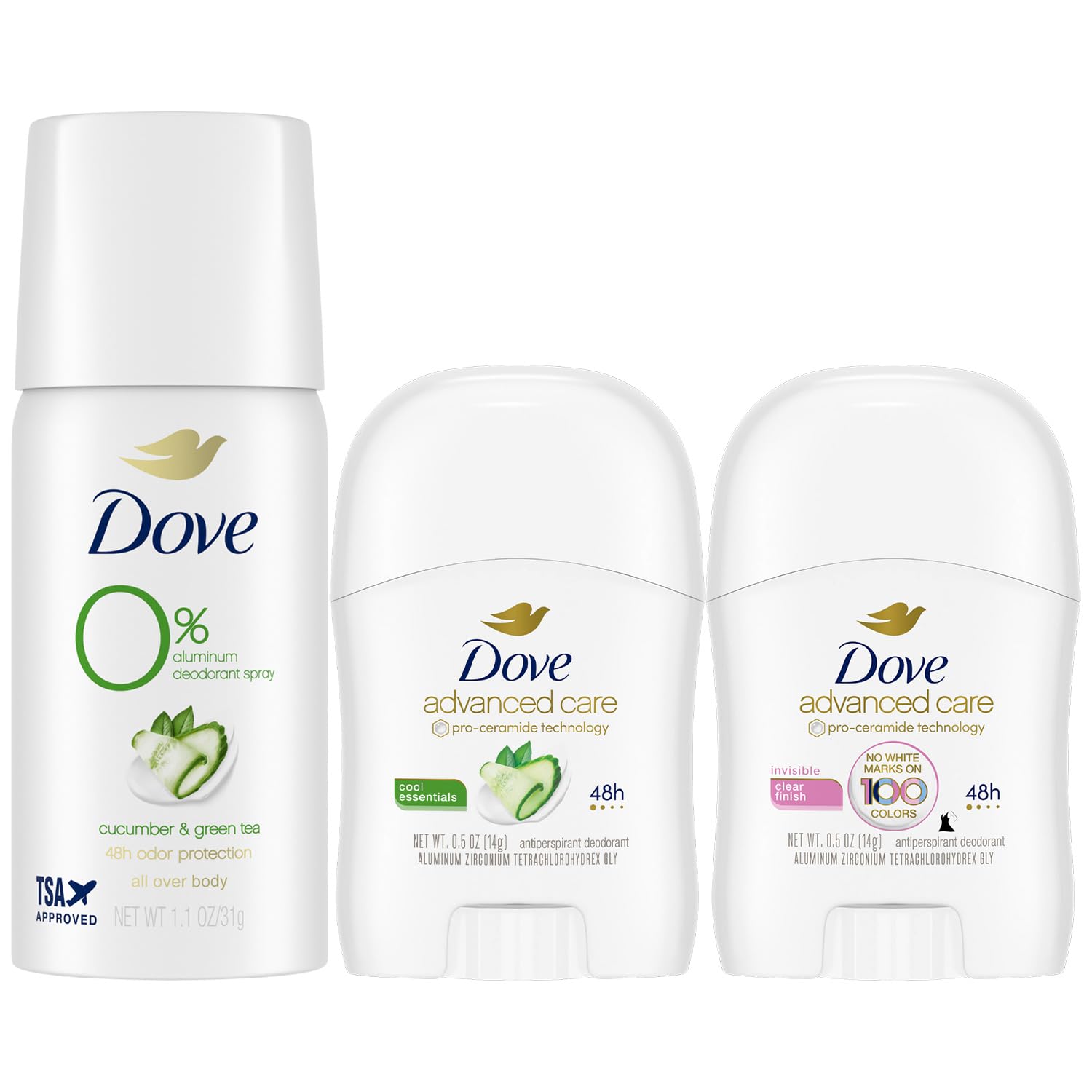 Dove Travel Deodorant Variety 3-Pack mini sticks providing compact protection on the go.
