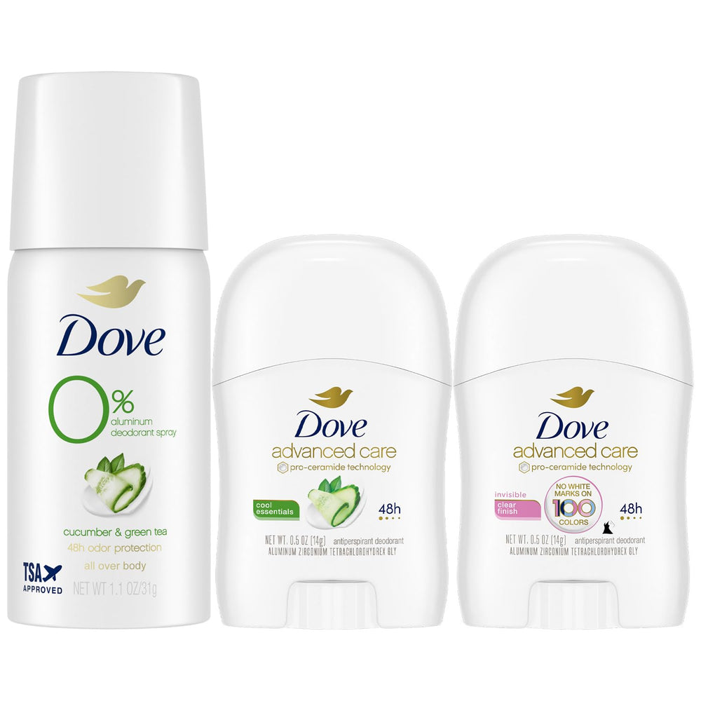 Dove Travel Deodorant Variety 3-Pack mini sticks providing compact protection on the go.