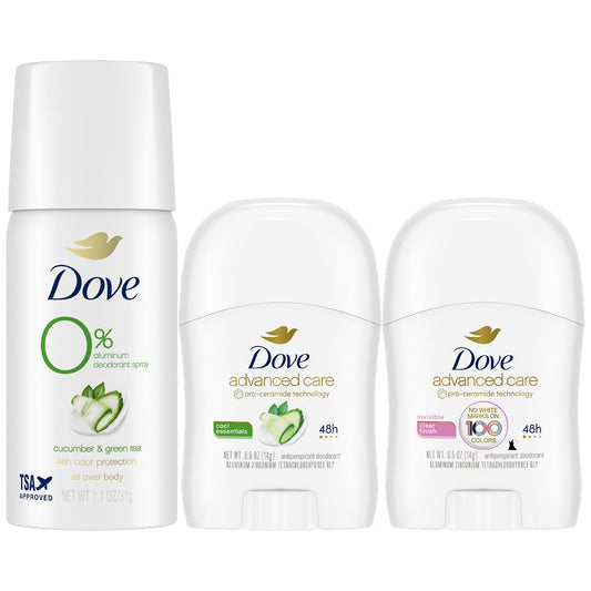 Dove Travel Deodorant Variety 3-Pack mini sticks providing compact protection on the go.