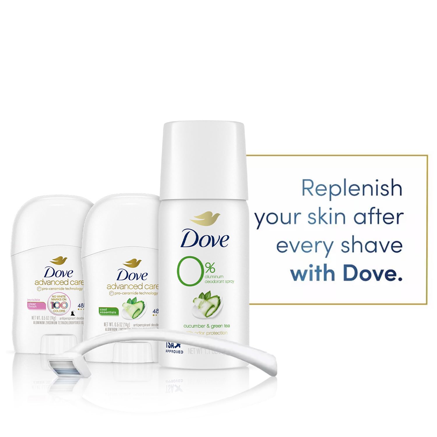 Dove cucumber green tea scent enhances daily freshness in this travel set.