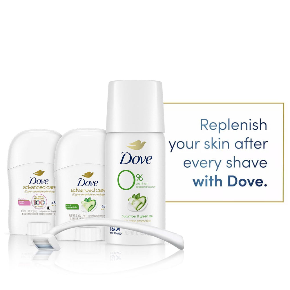Dove cucumber green tea scent enhances daily freshness in this travel set.