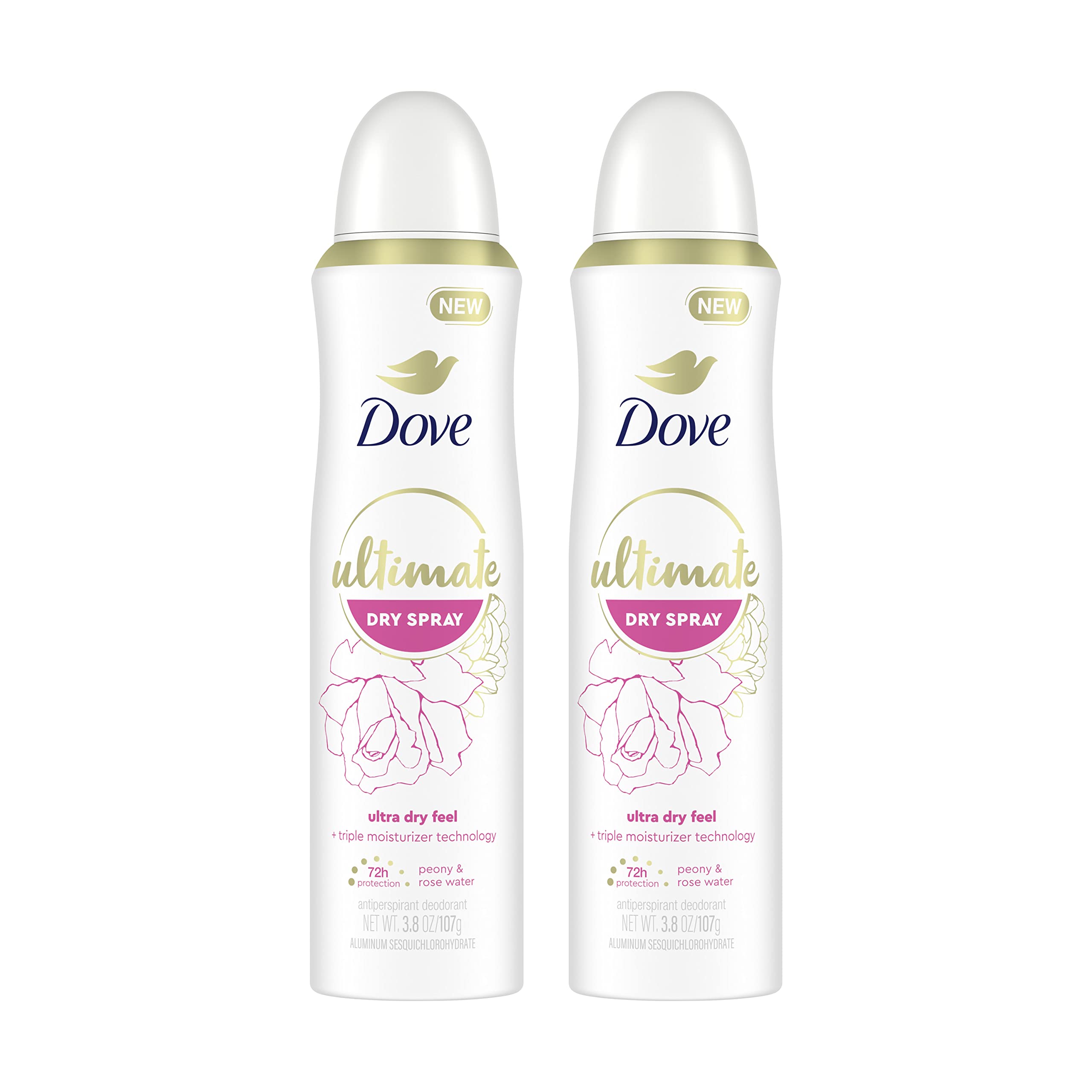 Dove Ultimate Dry Spray Peony and Rose Water bottle on a clean surface for long-lasting freshness.