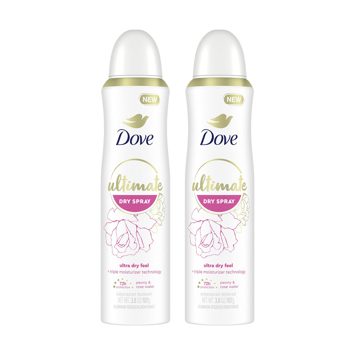 Dove Ultimate Dry Spray Peony and Rose Water bottle on a clean surface for long-lasting freshness.