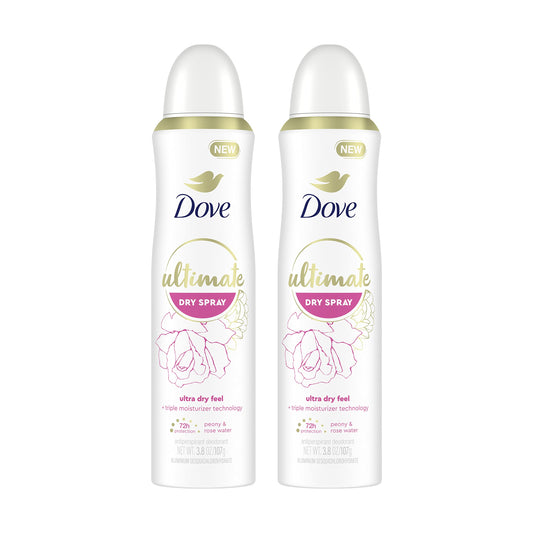 Dove Ultimate Dry Spray Peony and Rose Water bottle on a clean surface for long-lasting freshness.