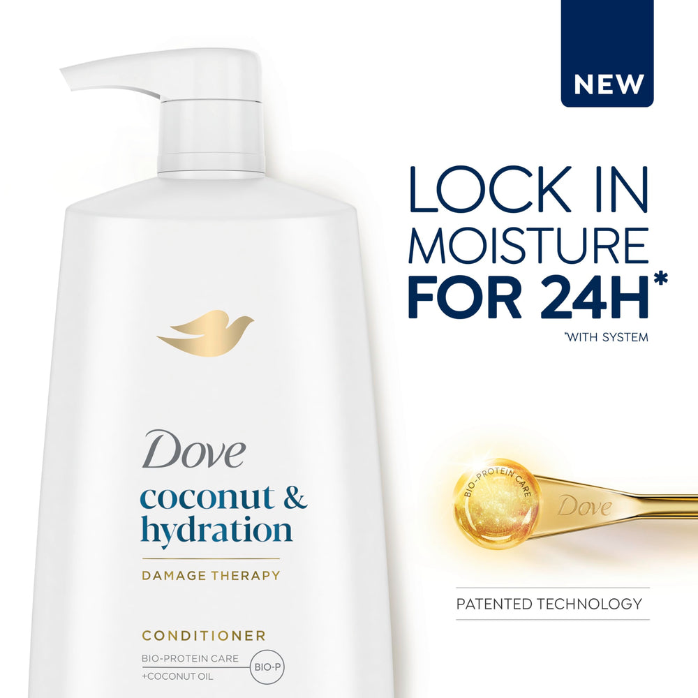 Dove Ultra Care Coconut & Hydration conditioner after-use action shot suggesting smooth manageable hair