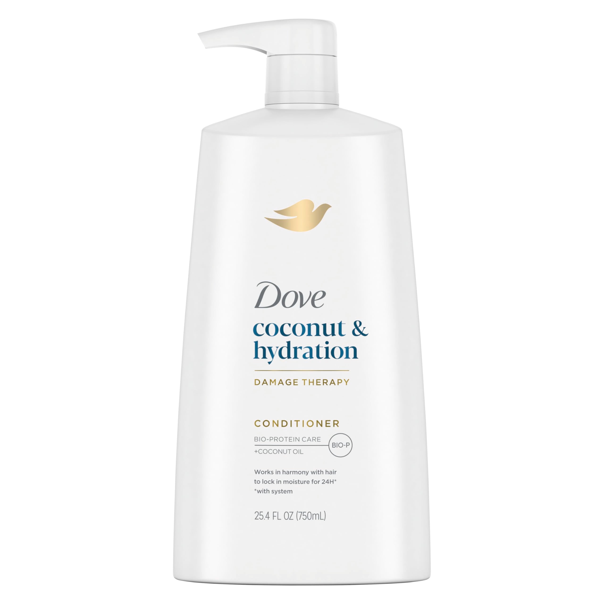 Dove Ultra Care Coconut & Hydration conditioner bottle side view showing moisturizing formula for dry hair