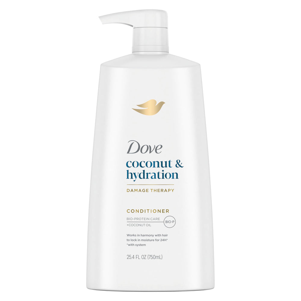 Dove Ultra Care Coconut & Hydration conditioner bottle side view showing moisturizing formula for dry hair