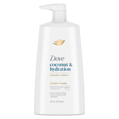 Dove Ultra Care Coconut & Hydration conditioner bottle side view showing moisturizing formula for dry hair