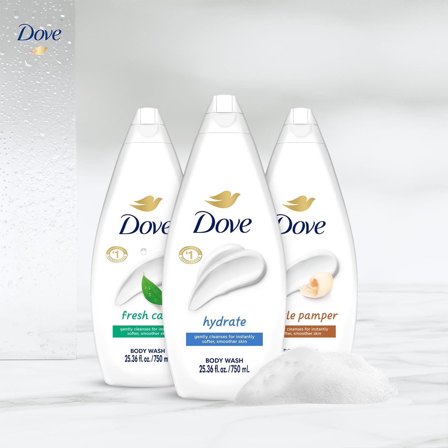 Dove Variety 3-pack bottles on display suggest value and scent choice.