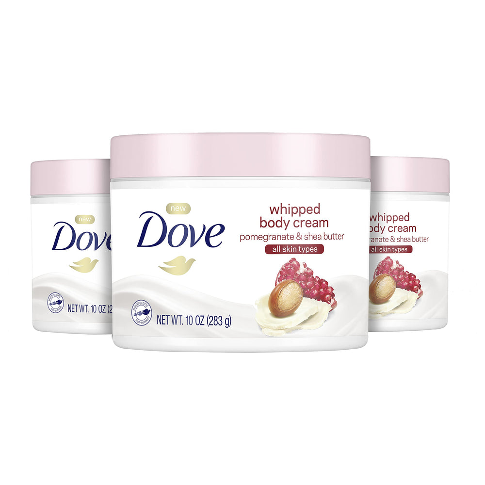 Dove Whipped Body Cream bottle with pomegranate and shea, showing rich moisture