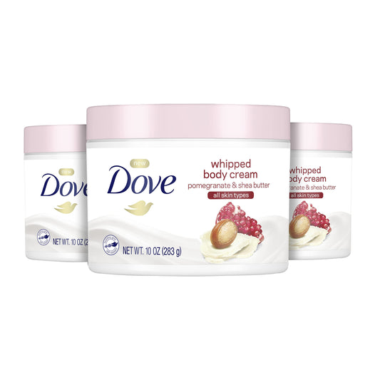 Dove Whipped Body Cream bottle with pomegranate and shea, showing rich moisture