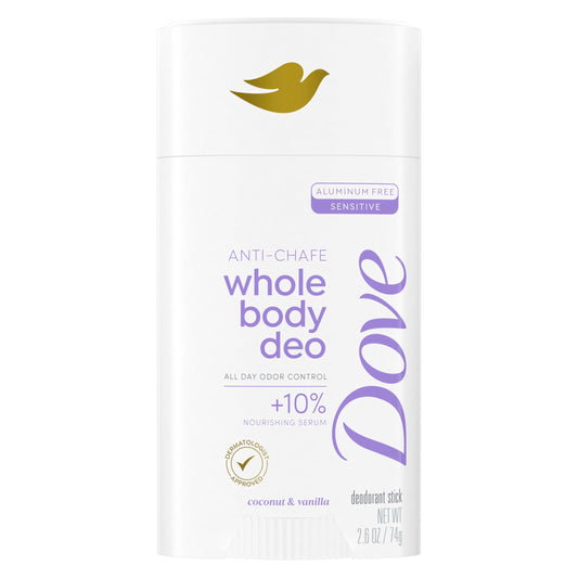 Dove Whole Body Deo Coconut & Vanilla bottle delivers all-over odor protection for daily activities.