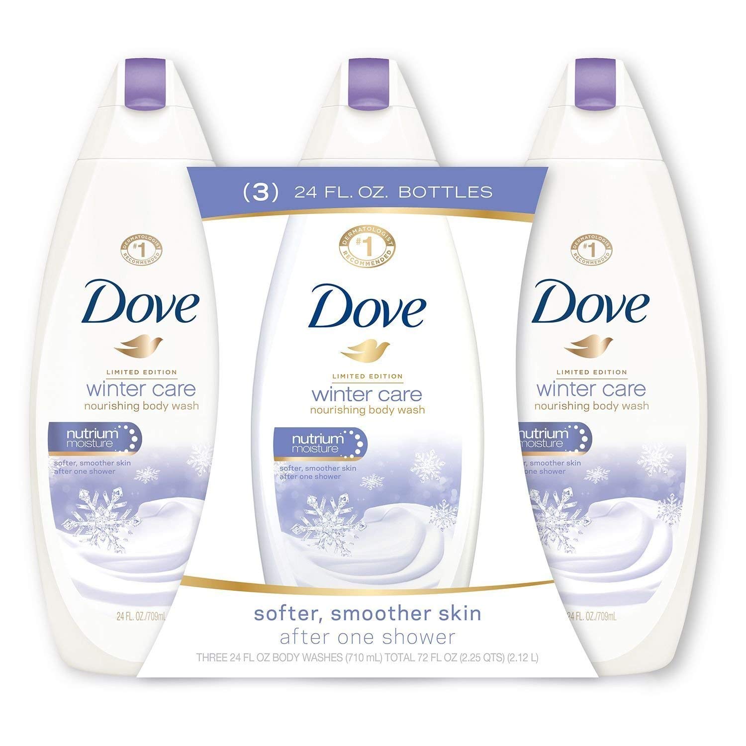 Dove Winter Care 24 oz bottle trio provides soft, moisturized skin in dry winter.