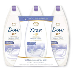 Dove Winter Care 24 oz bottle trio provides soft, moisturized skin in dry winter.