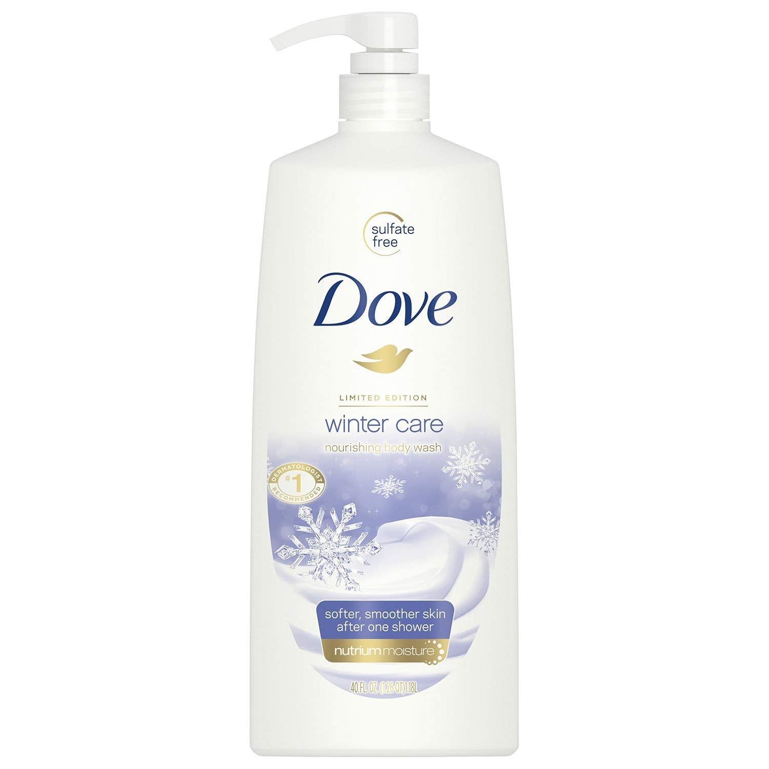 Dove Winter Care Body Wash pump bottle front view with creamy lather and winter-ready feel