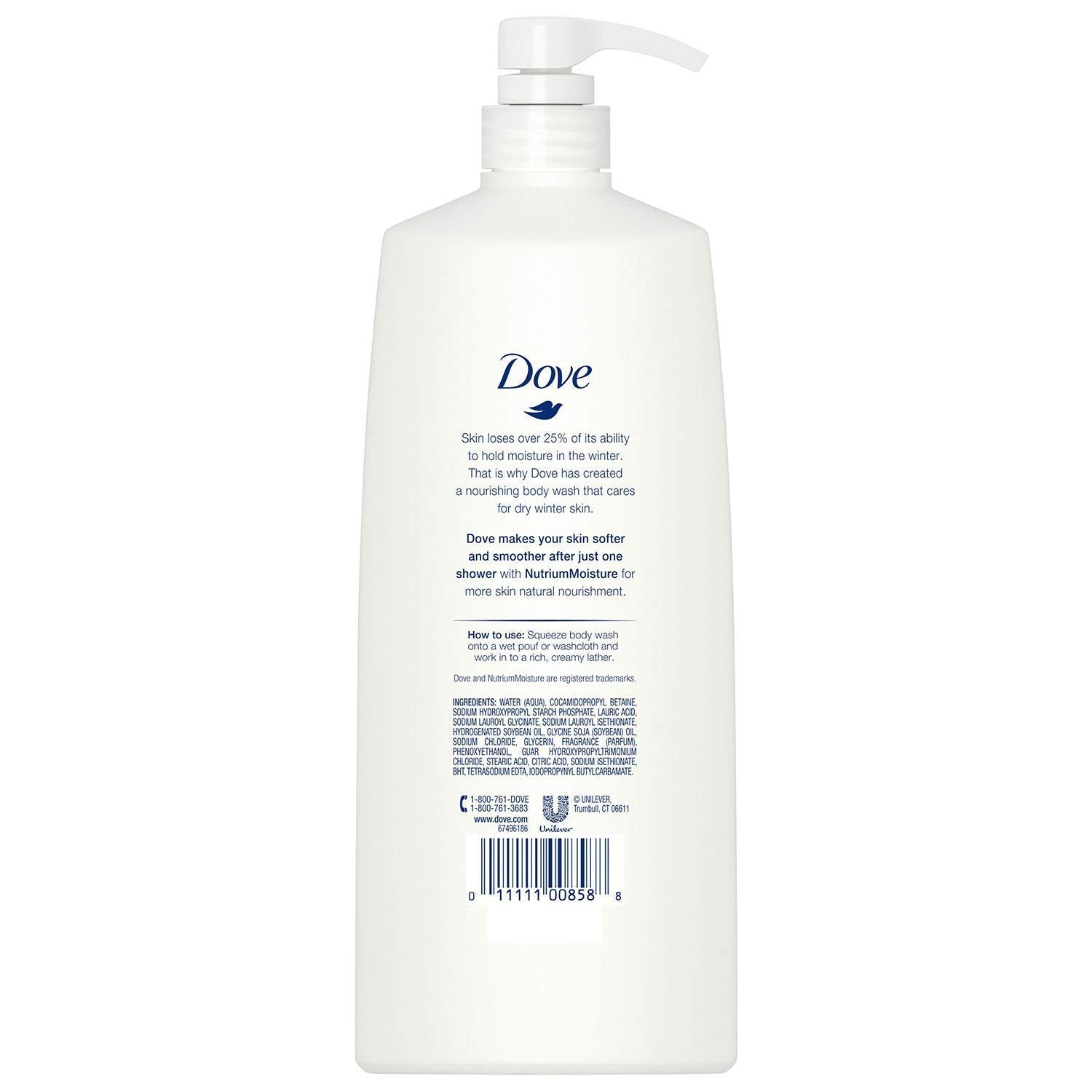 Dove Winter Care packaging label highlighting 40 oz size for family showers