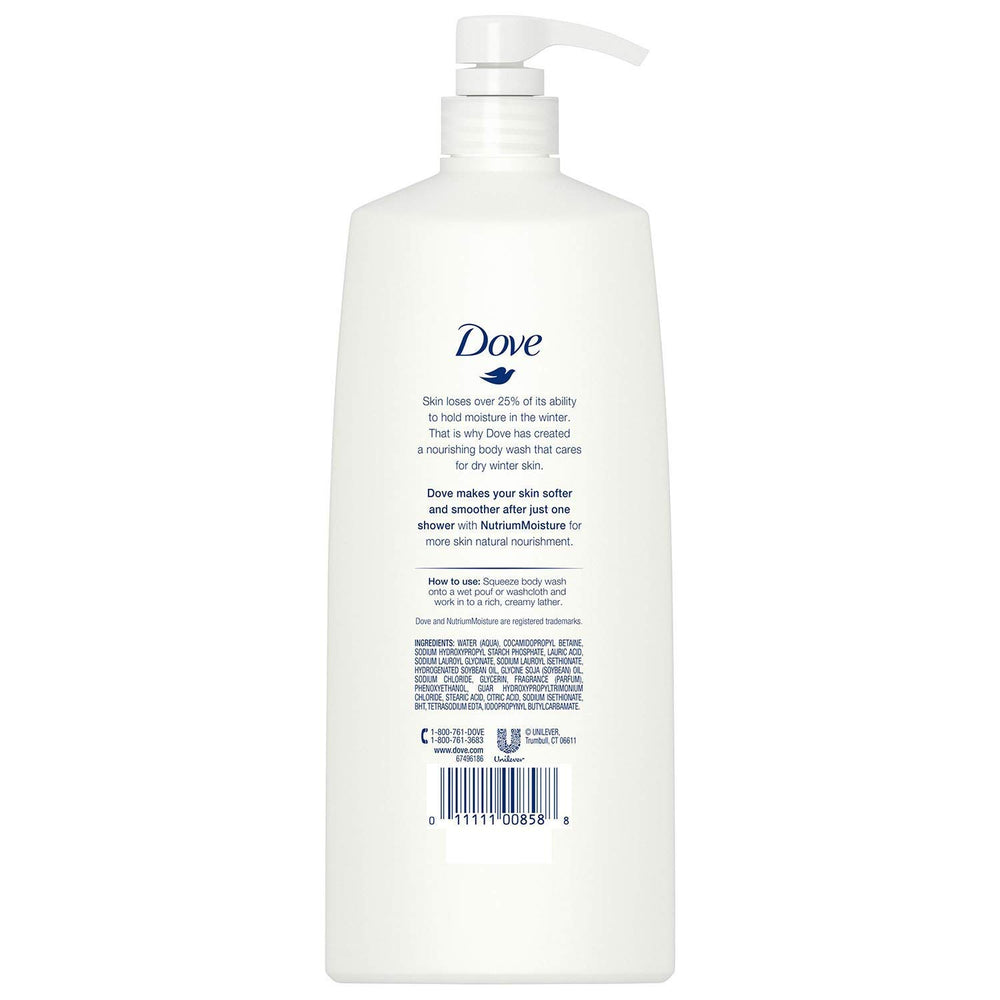 Dove Winter Care packaging label highlighting 40 oz size for family showers