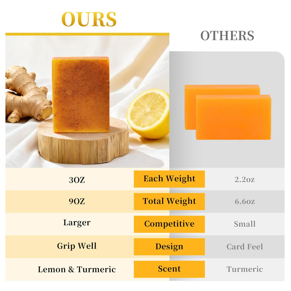 DOXOLATO soap bar close-up texture: turmeric and lemon particles.