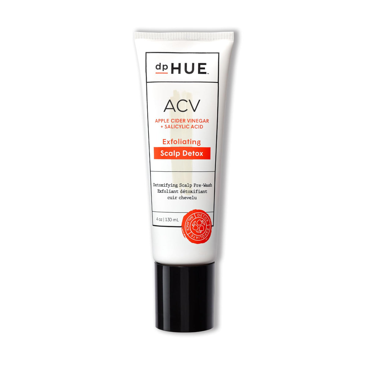 dpHUE ACV Exfoliating Scalp Detox bottle pour for gentle pre-shampoo cleansing