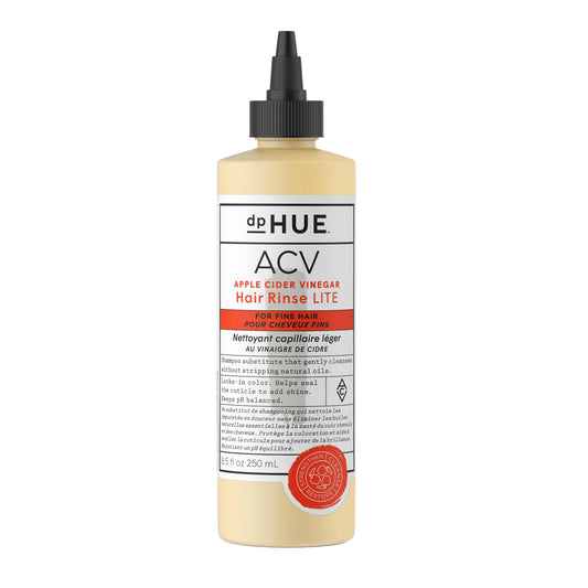 dpHUE Apple Cider Vinegar Hair Rinse Lite bottle highlighting color-safe formula and gentle cleansing