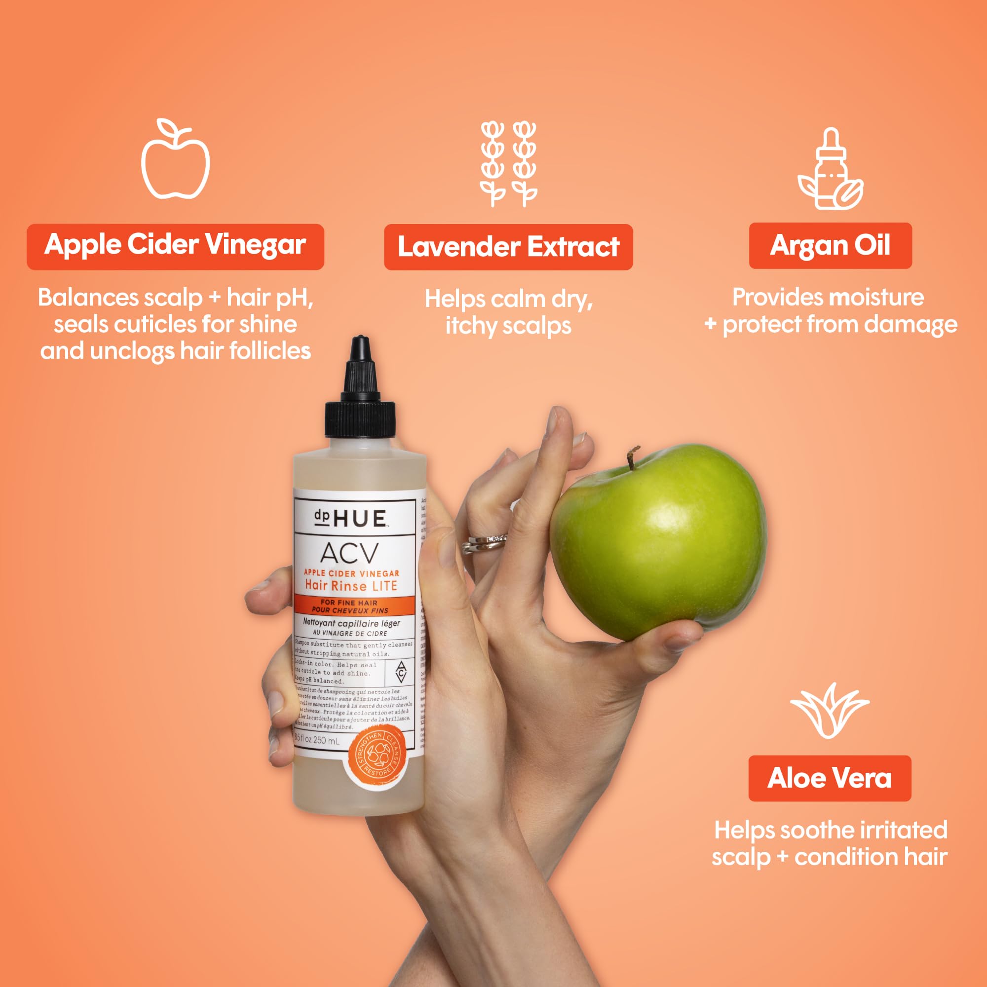 dpHUE ACV Hair Rinse Lite pour shot showing easy application and quick scalp refresh