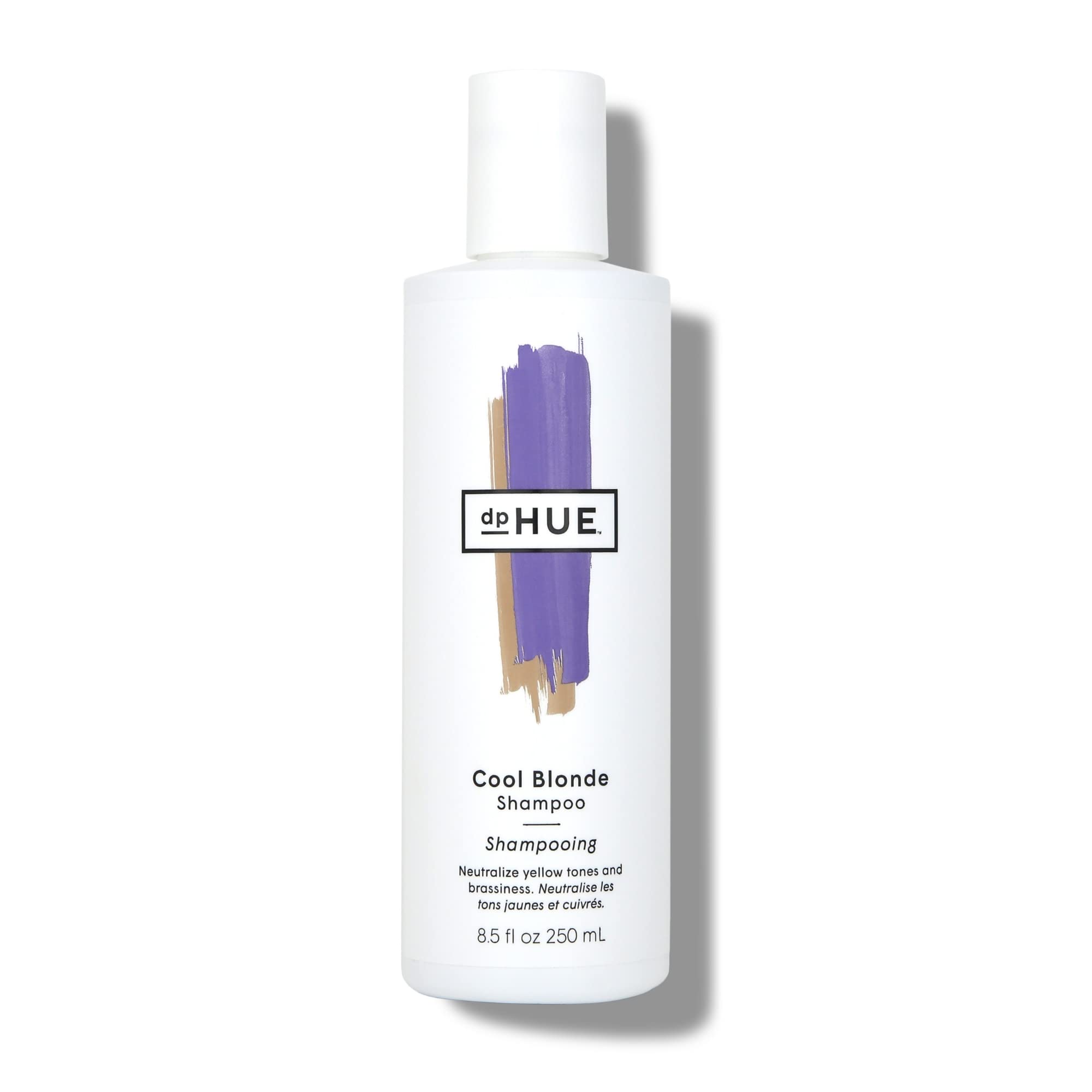 dpHUE Cool Blonde Shampoo bottle front highlights purple pigments for brassy-tone neutralization.