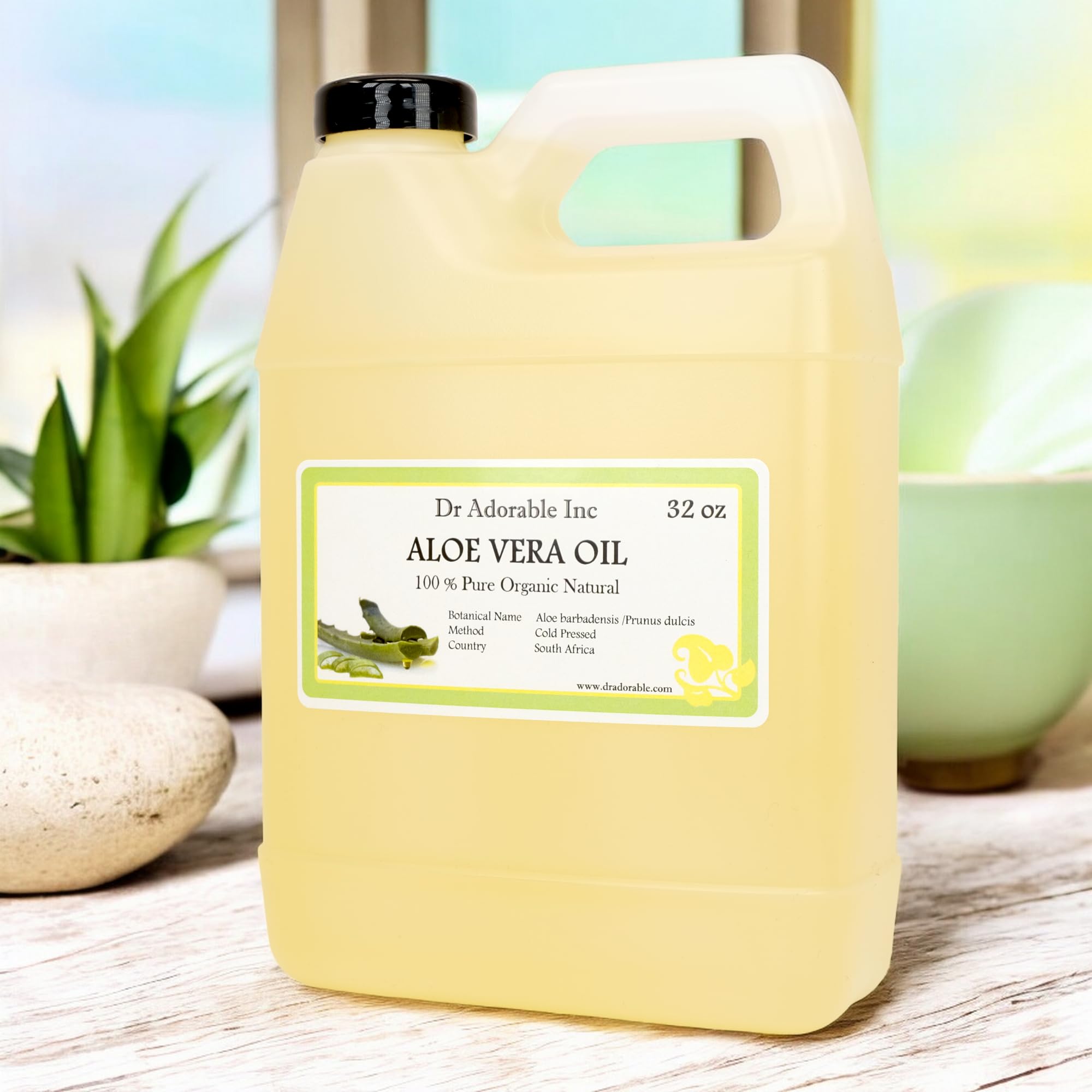 Dr Adorable Aloe Vera Oil label closeup showing organic sweet almond base for gentle skin care