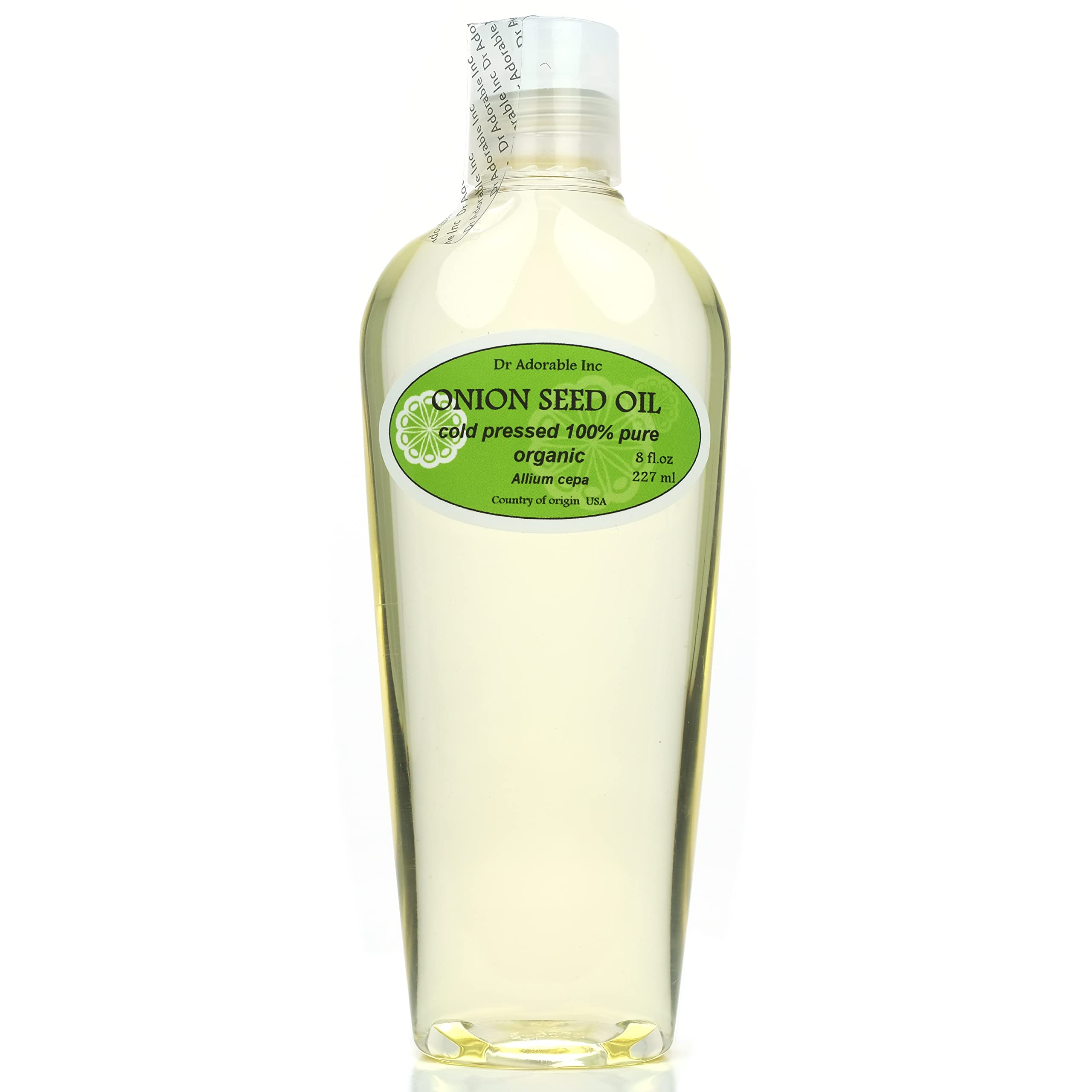 Dr Adorable Onion Seed Oil bottle highlights purity and cold-pressed quality for skin and hair.