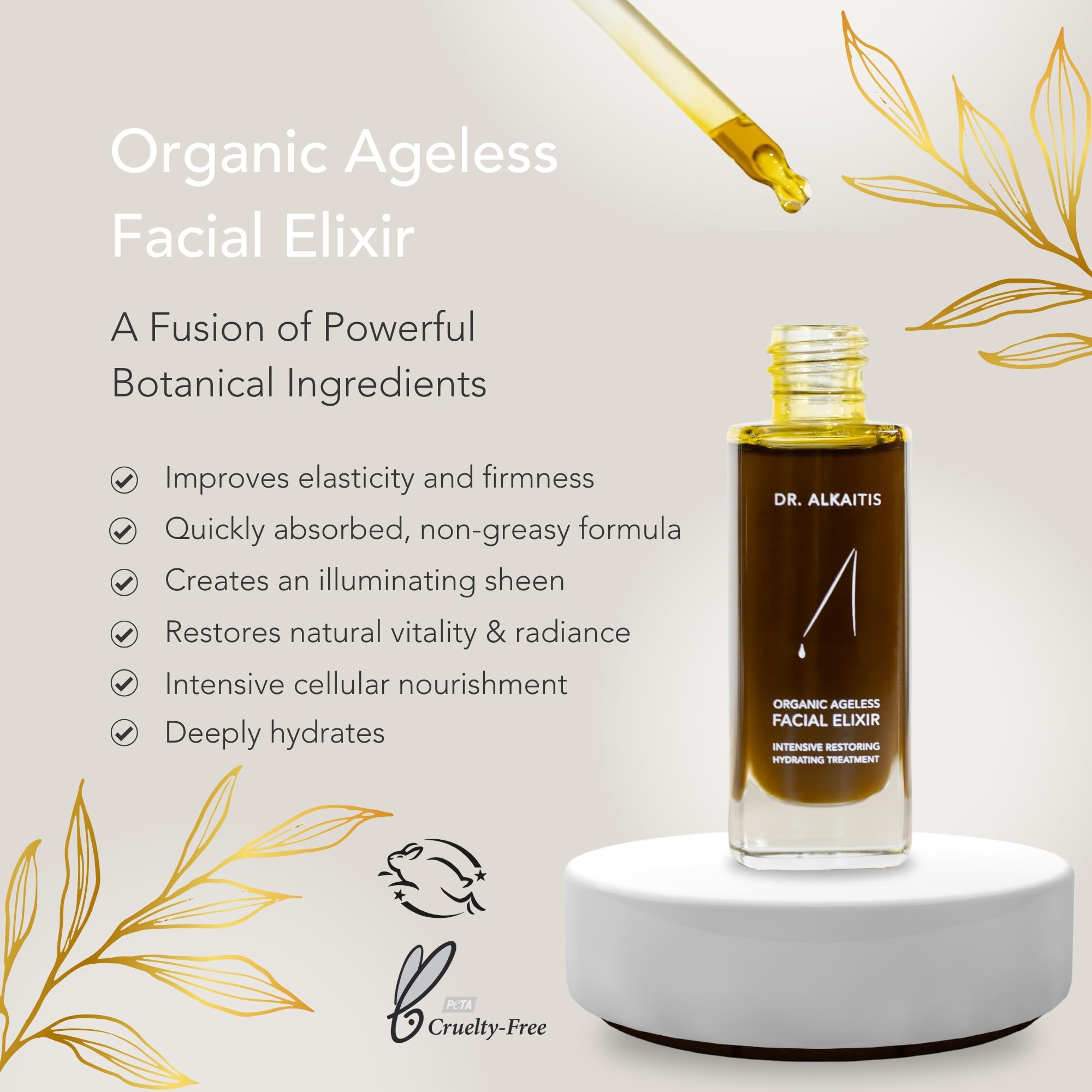 Dr. Alkaitis Ageless Elixir application scene showing quick absorption for daily ritual.