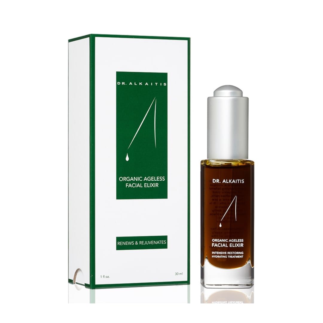 Dr. Alkaitis Organic Ageless Elixir bottle close-up highlighting anti-aging hydration.
