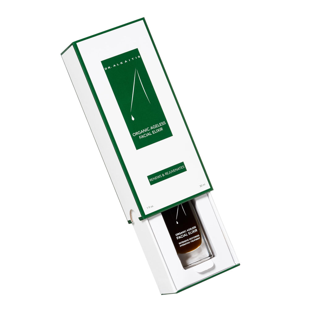Dr. Alkaitis Ageless Elixir packaging close-up emphasizing premium hydration and botanical care.
