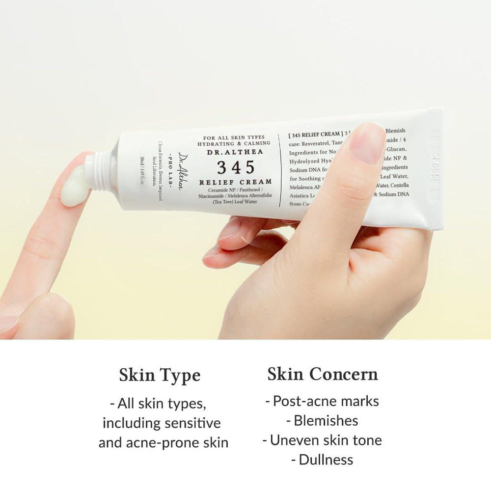 Dr.Althea 345 Relief Cream vegan seal visible on packaging.