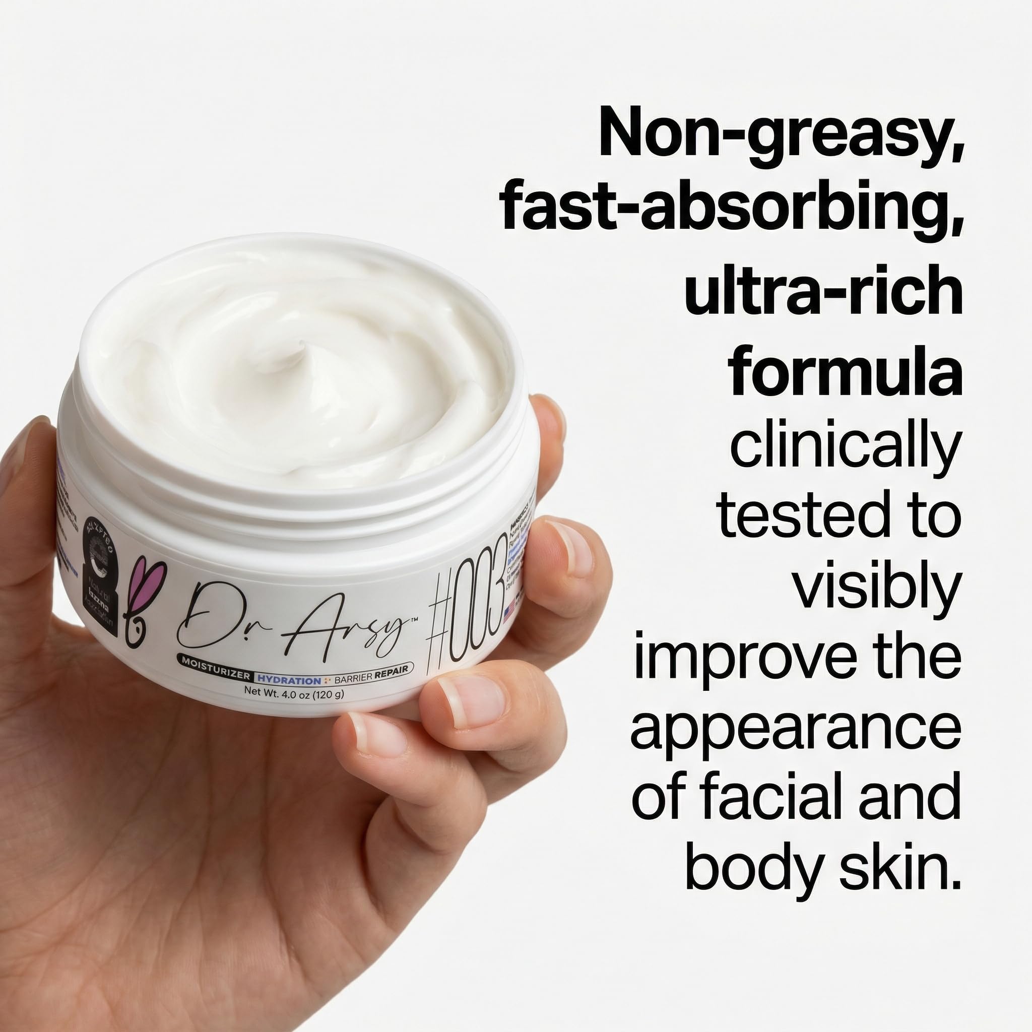 Closeup of Dr. Arsy eczema cream texture showing rich, fast-absorbing hydration