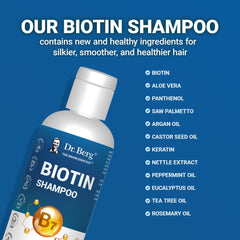 Dr. Berg Biotin Shampoo label highlights argan oil benefits.