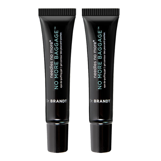 Dr Brandt Needles No More Baggage jar application showing gentle under-eye de-puff