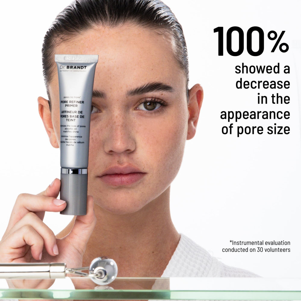 Dr. Brandt Pores No More Primer close-up on skin shows smoothing.