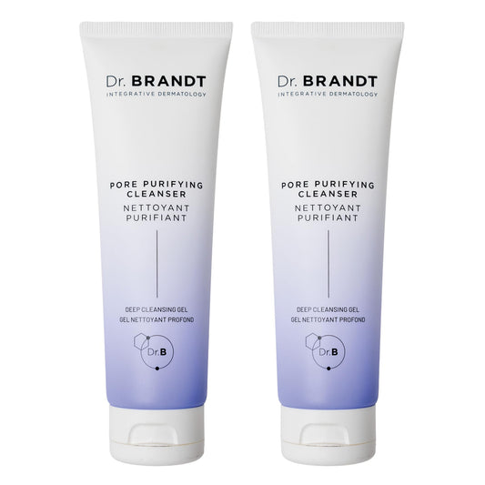 Dr. Brandt Skincare Pores No More bottle front showing non-drying pore-purifying cleanser.