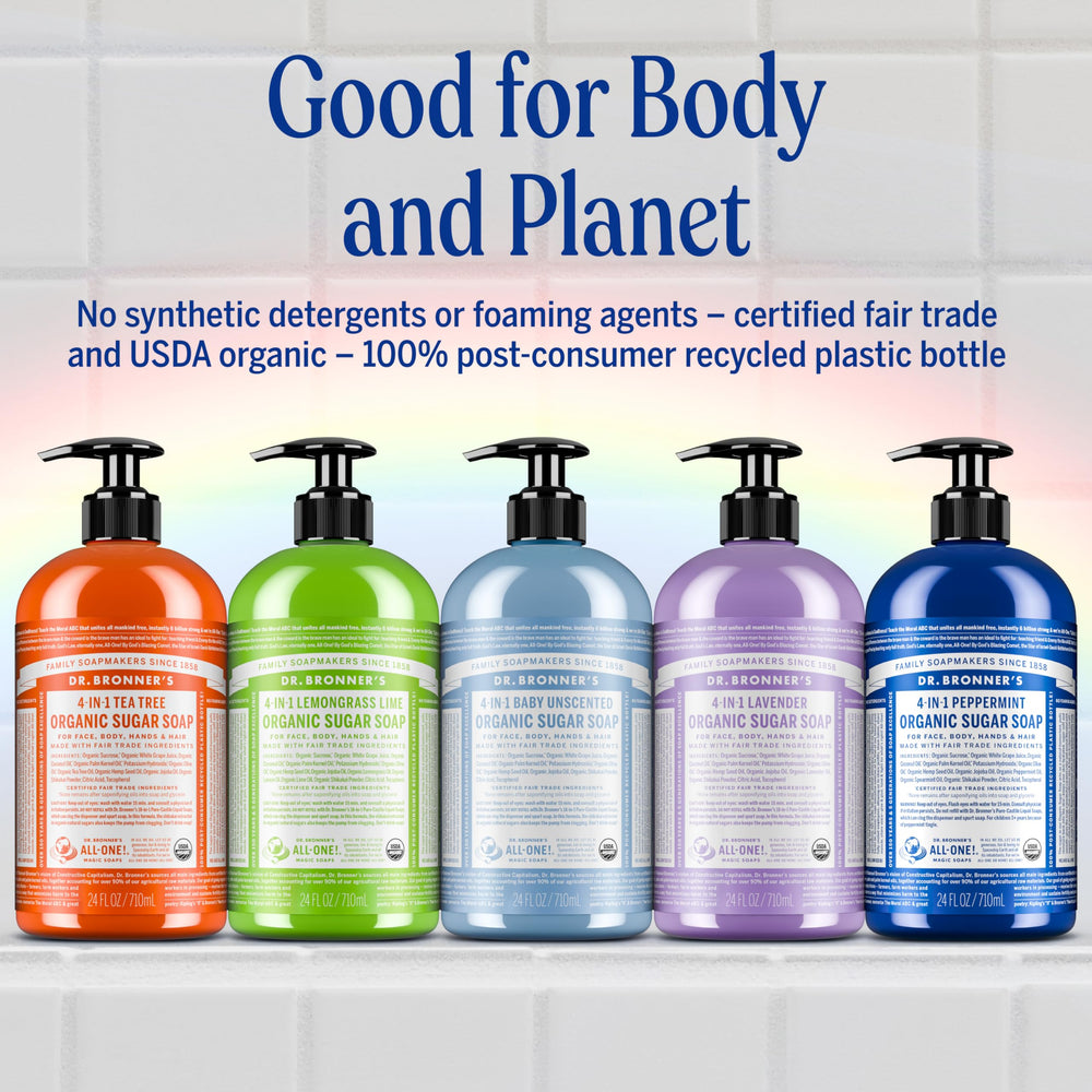 Dr. Bronner’s Organic ingredients list underscores fair trade and organic oils.